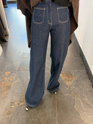 Jeans a palazzo blu con tasche