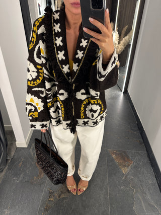 Cardigan coat con frange e bottone