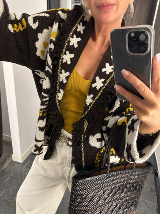 Cardigan coat con frange e bottone