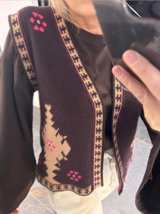Gilet in maglia etnico marrone