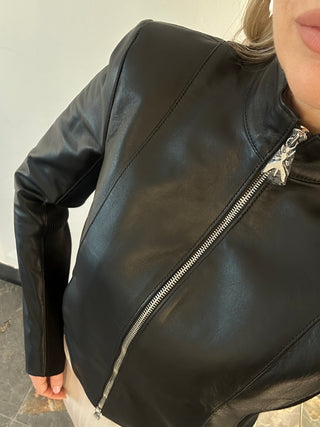 Giacca biker in pelle con inserti in maglia