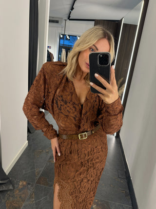 Body camicia in pizzo marrone