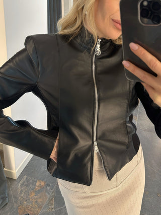 Giacca biker in pelle con inserti in maglia