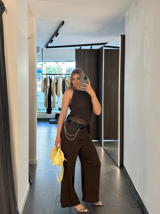 Top con pizzo marrone