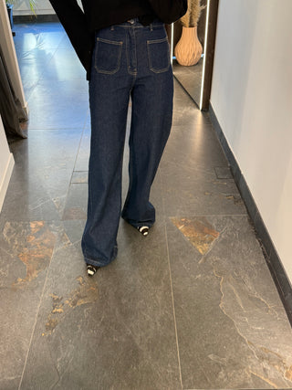 Jeans a palazzo blu con tasche